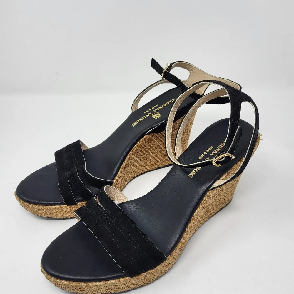Clorinda Antinori Espadrille Ankle Strap Wedge Black Suede Strap High Shoe 9